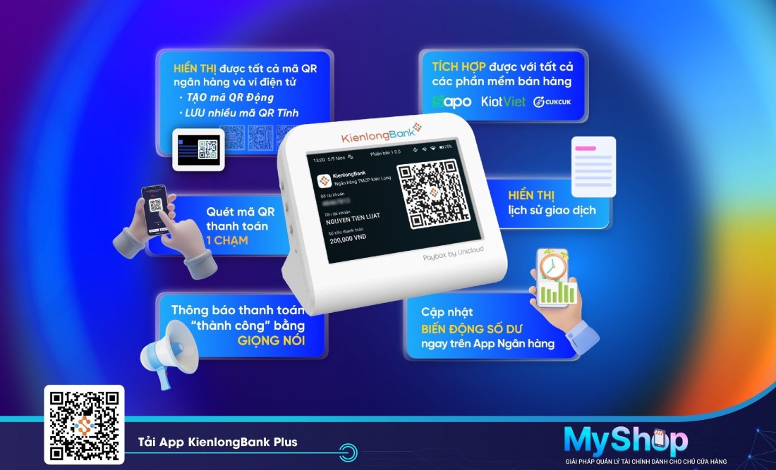 mới đây KienlongBank đã cho ra mắt giải pháp thanh toán không dùng tiền mặt hàng đầu Việt Nam, bao gồm thiết bị thanh toán Paybox sử dụng công nghệ IoT đi kèm Mini App MyShop trên ứng dụng KienlongBank Plus.