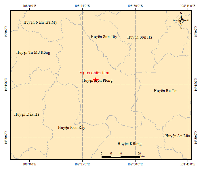 Tâm chấn động đất tại tỉnh Kon Tum lúc 09 giờ 32 phút 10 giây ngày 7/7/2023.