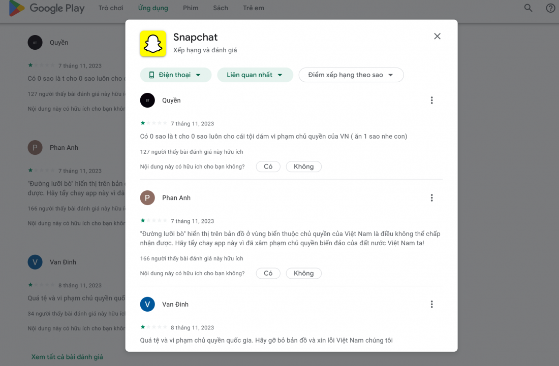 Bão đánh giá 1 sao của người dùng Việt Nam dành cho ứng dụng Snapchat.