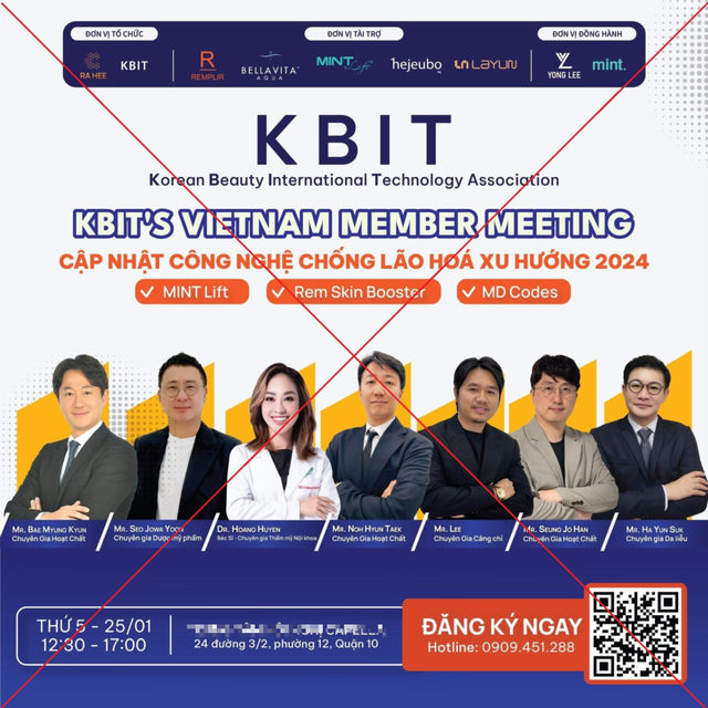Hình ảnh ông Trương Thanh Tịnh “Mr. Lee” (thứ ba từ trái qua) trong quảng cáo hội thảo “KBIT’s Vietnam member meeting - Cập nhật công nghệ chống lão hóa xu hướng 2024” được tổ chức trái phép
