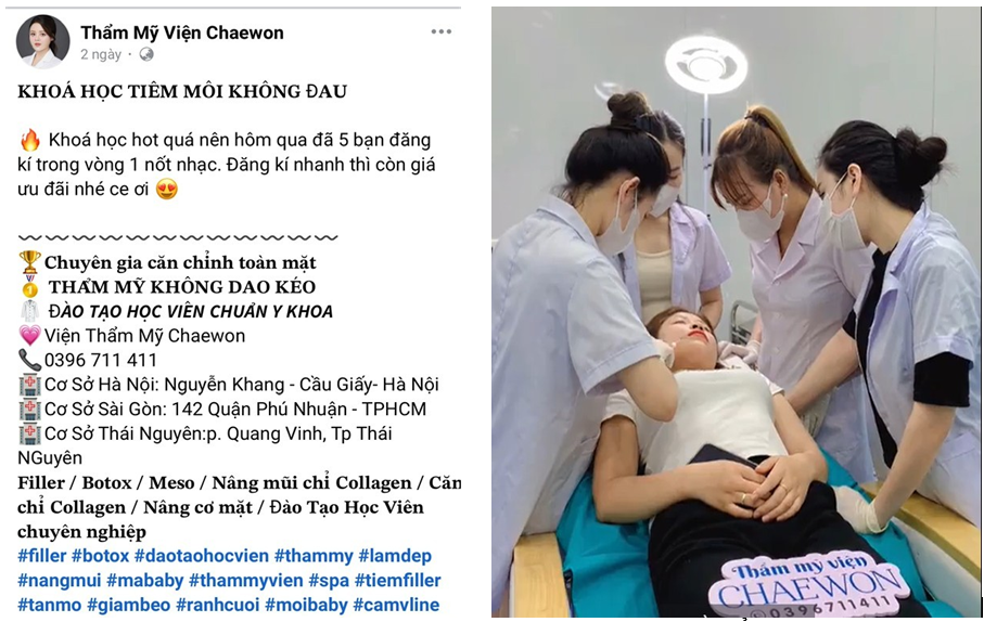 Hình ảnh, clip quảng cáo khóa đào tạo trên trang Facebook “Viện thẩm mỹ Chaewon”.