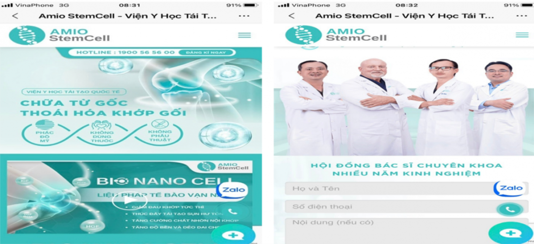 Phòng khám chuyên khoa Ngoại – Công ty TNHH Điều trị Cơ xương khớp USAC Chiropractic quảng cáo “Amio StemCell – Viện Y học tái tạo Quốc tế, chữa từ gốc thoái hóa khớp gối, Bio Nano Cell – Liệu pháp tế bào vạn năng” không có trong nội dung được phép quảng cáo