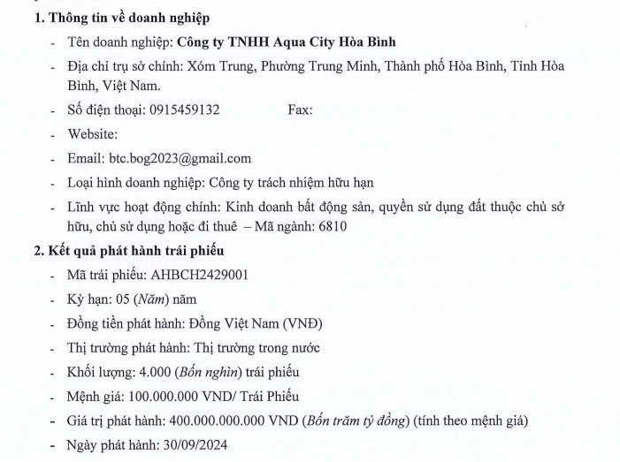 Aqua City Hòa Bình hoàn tất phát hành lô trái phiếu 400 tỷ đồng