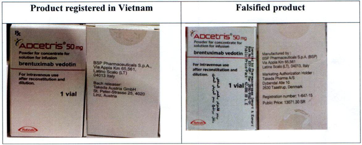 Hình ảnh bao bì thuốc Adcetris đăng ký tại Việt Nam (bên trái) và sản phẩm giả mạo - Ảnh: Cục Quản lý dược