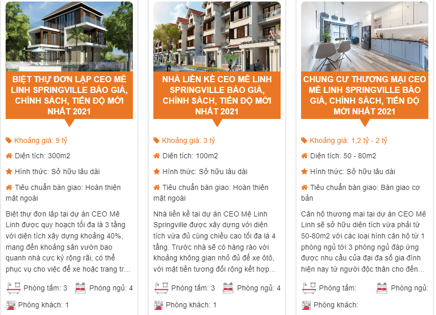 Báo giá của các sản phẩm tại Dự án CEO Mê Linh SpringVille trên một website môi giới bất động sản. 