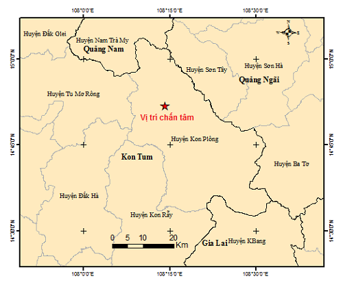 Thêm 4 trận động đất xảy ra hôm nay tại Kon Tum và Quảng Nam