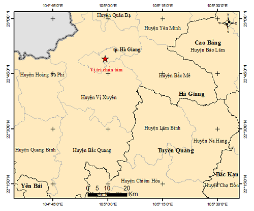 Vị trí chấn tâm trận động đất nằm ở trung tâm TP Hà Giang. Ảnh: IGP-VAST.