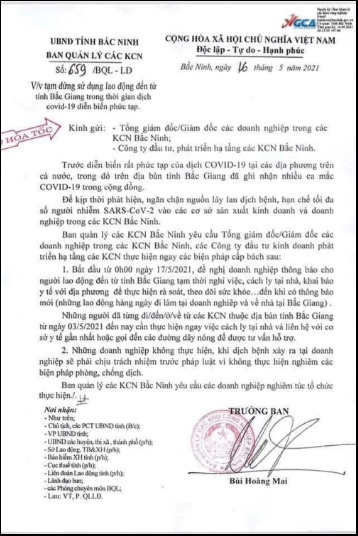Bắc Ninh yêu cầu lao động đến từ Bắc Giang tạm thời nghỉ việc, cách ly tại nhà