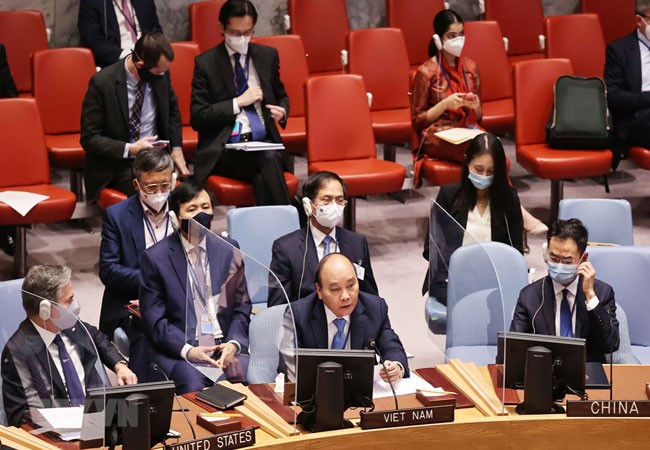  Chủ tịch nước Nguyễn Xuân Phúc phát biểu tại Phiên họp cấp cao của Hội đồng Bảo an Liên hợp quốc về an ninh khí hậu. (Ảnh: Thống Nhất/TTXVN)