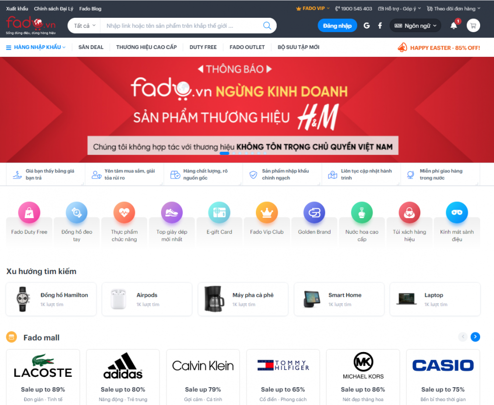 Fado.vn đăng thông báo ngừng kinh doanh sản phẩm của H&M trên trang chủ.