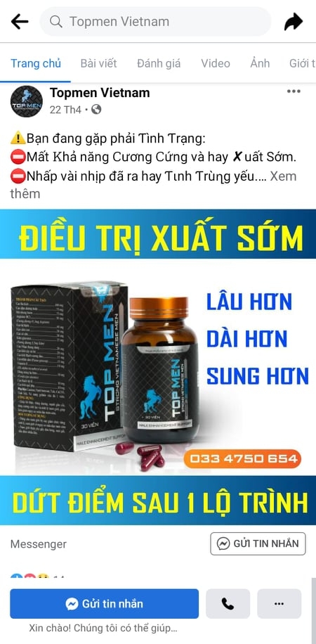 Quảng cáo trên fanpage có tên Topmen Vietnam gây hiểu nhầm về công dụng điều trị như thuốc).
