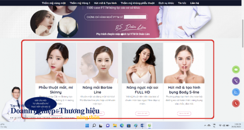 Các dịch vụ làm đẹp như nâng ngực, hút mỡ, tạo hình thành bụng,... được quảng cáo tại website https://thammydoanlam.com/.