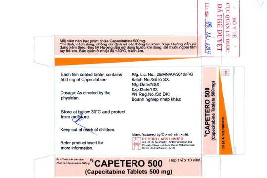 Thuốc Capetero 500 được Cục quản lý Dược phê duyệt vào năm 2014.