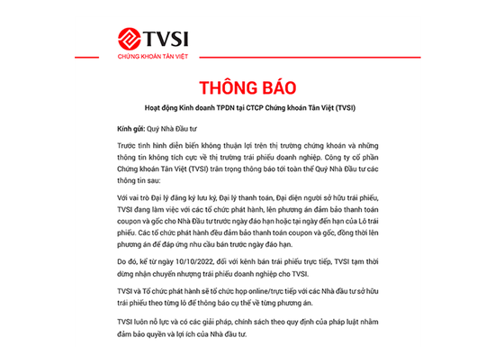 Chứng khoán Tân Việt (TVSI) tạm dừng chuyển nhượng trái phiếu doanh nghiệp