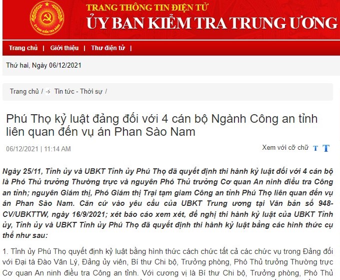 Cách chức, cảnh cáo 4 cán bộ Công an tỉnh Phú Thọ