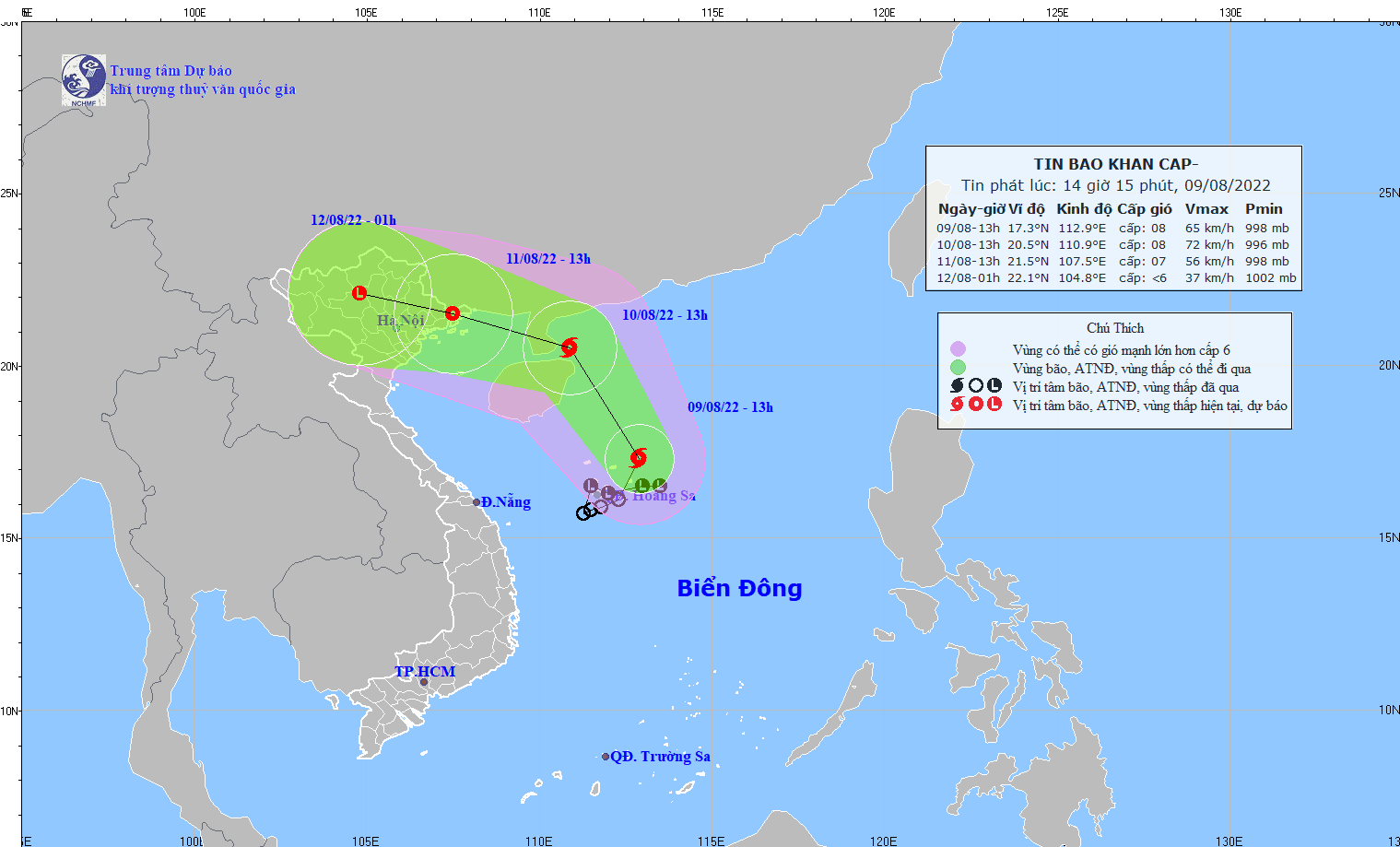 Dự báo, đến 13h ngày 10/8, bão số 2 cách Móng Cái (Quảng Ninh) khoảng 350km về phía Đông Đông Nam.