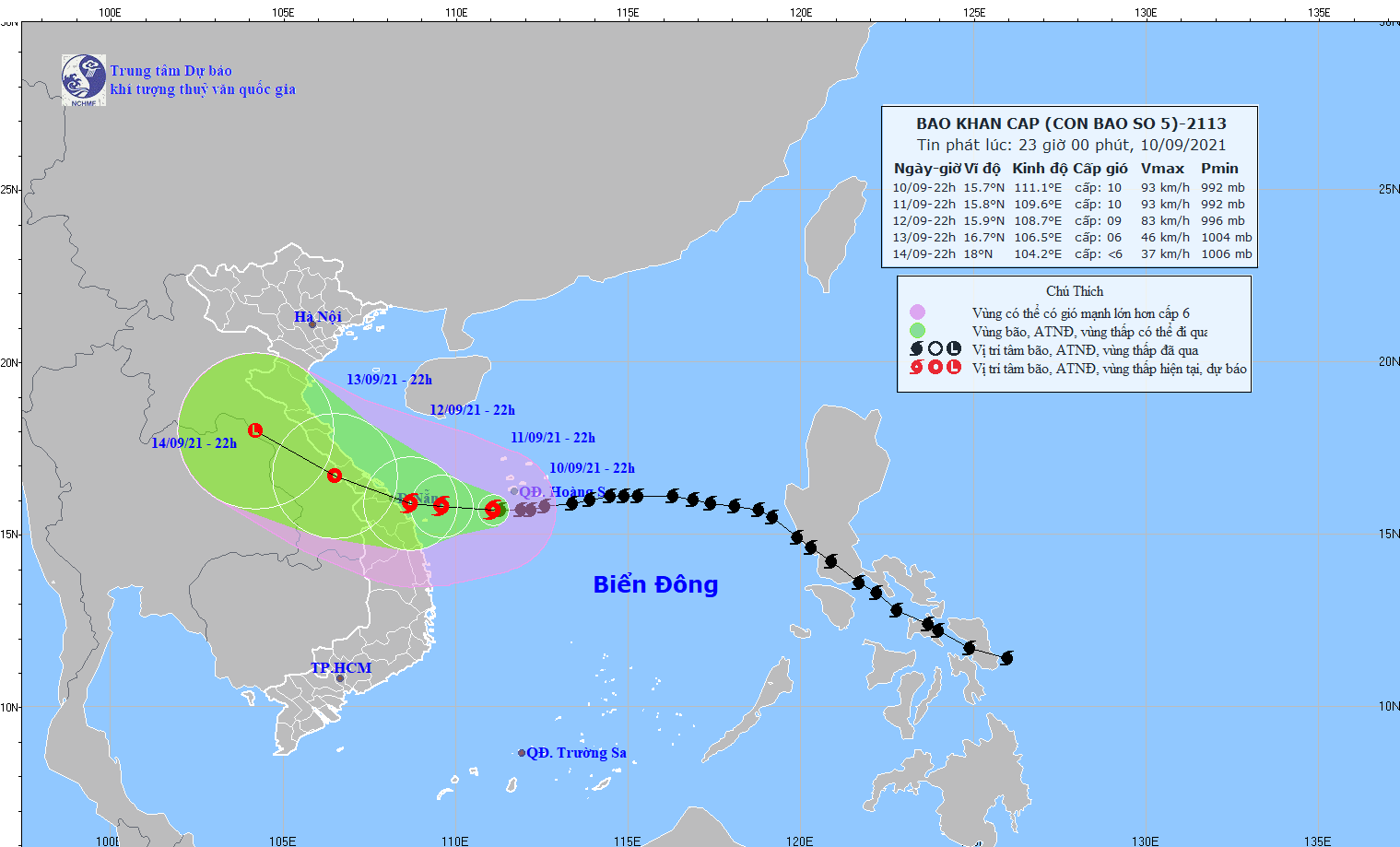 Cơn bão số 5 trên Biển Đông cập nhật lúc 23h ngày 10/09. Ảnh TTKTTV.