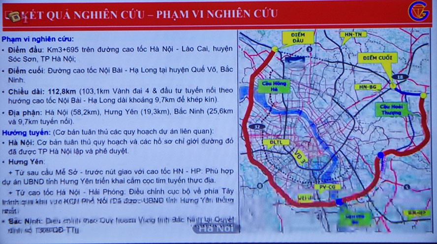 Dự án đường Vành đai 4 - vùng Thủ đô có chiều dài 112,8km, trong đó đoạn tại Hà Nội dài 58,2km. 