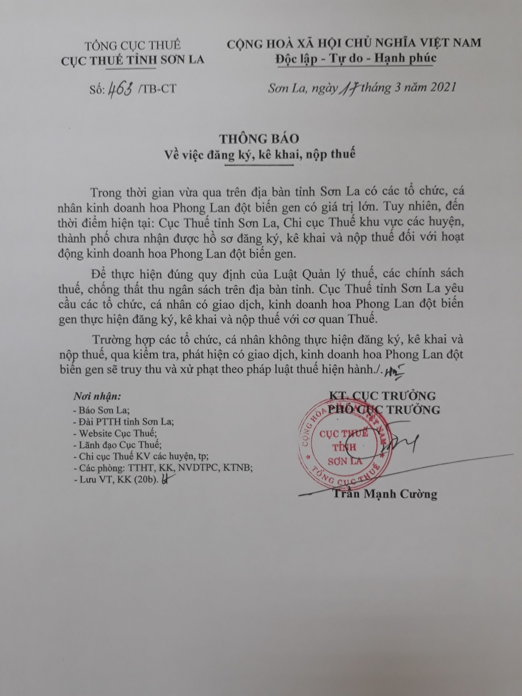 Văn bản thông báo của Cục thuế tỉnh Sơn La