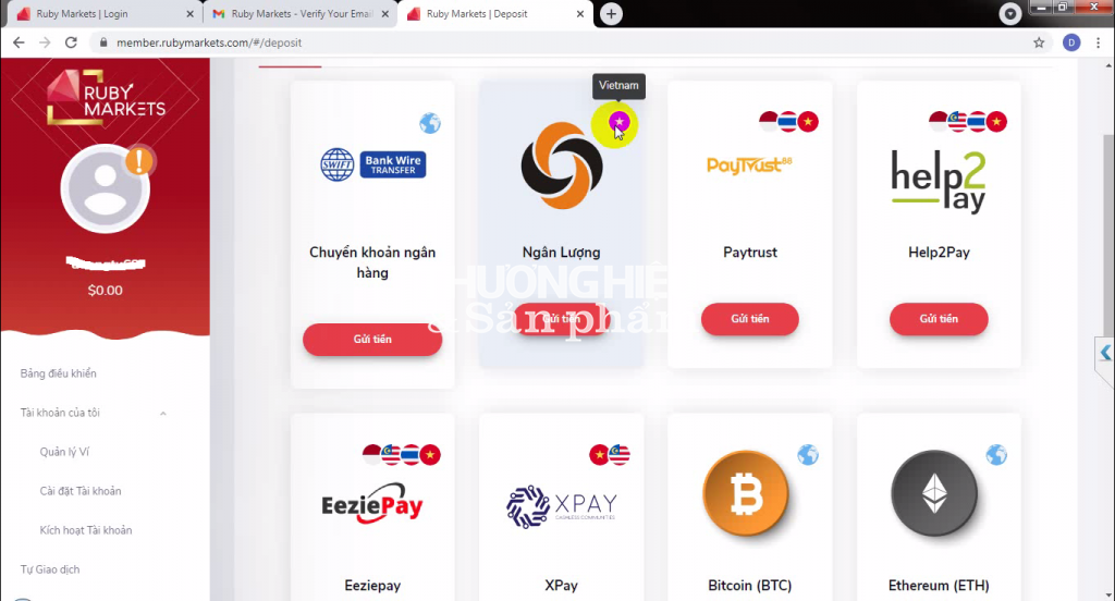 NĐT có thể nộp tiền vào tài khoản tại RubyMarkets thông qua cổng thanh toán trực tuyến nganluong.vn (Ảnh chụp website )