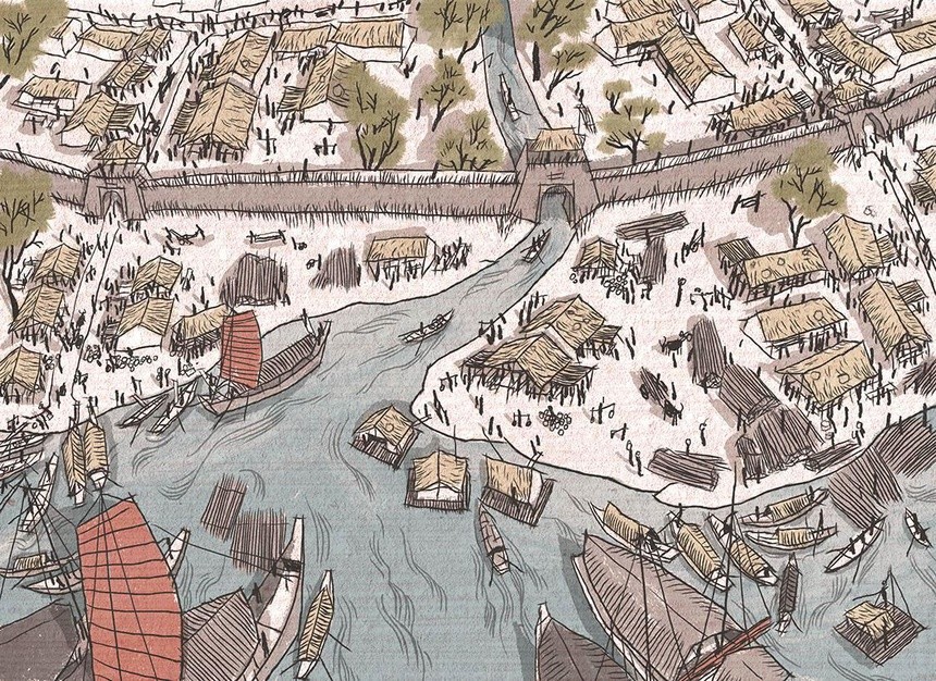 Chợ họp trên bến sông Tô Lịch thế kỷ 14. Ảnh họa sĩ Thành Phong