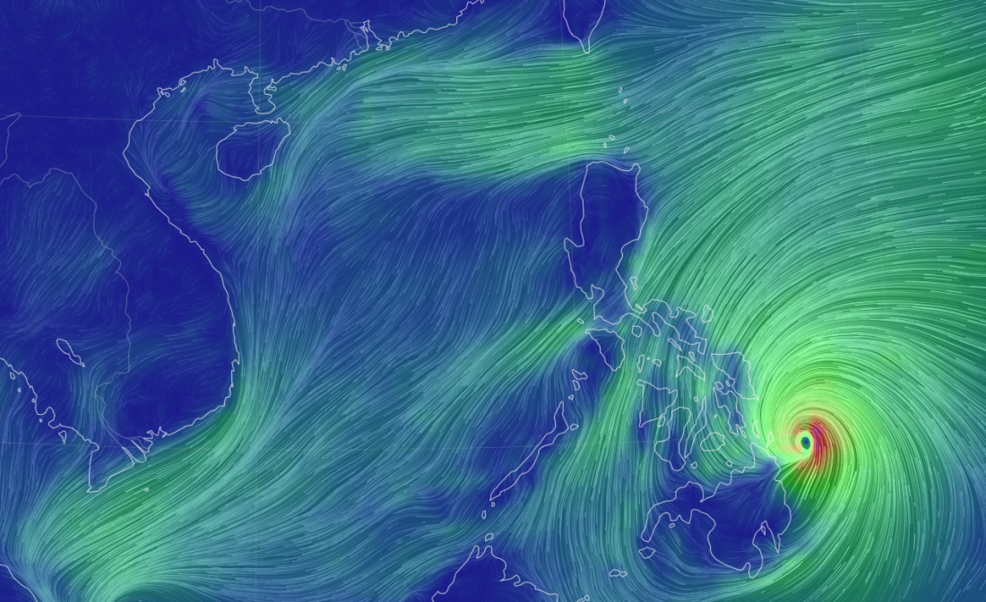 Bản đồ sức gió tại tâm bão Rai vào lúc 9h40 sáng 16/12