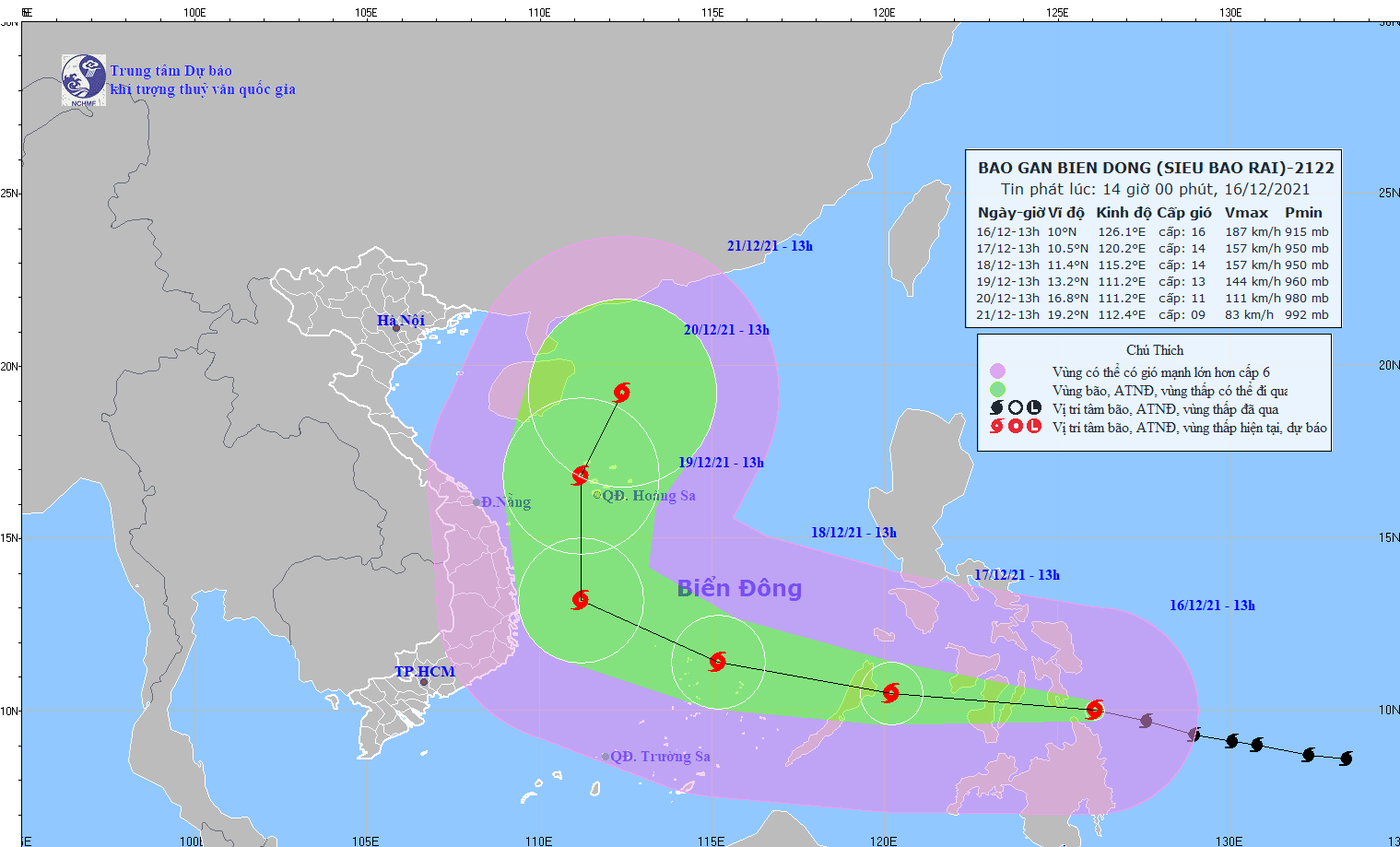 Đường đi của bão Rai tính đến 13h ngày 16/12.